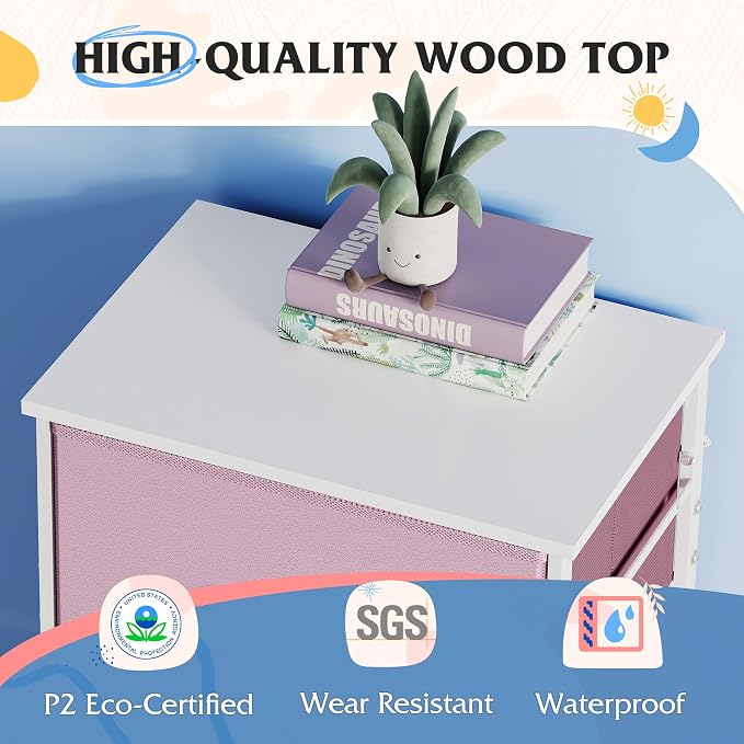 WLIVE Dresser with 4 Drawers, Storage Tower, Organizer Unit, Fabric Dresser for Bedroom, Hallway, Entryway, Closets, Sturdy Steel Frame, Wood Top, Easy Pull Handle,A-Pink