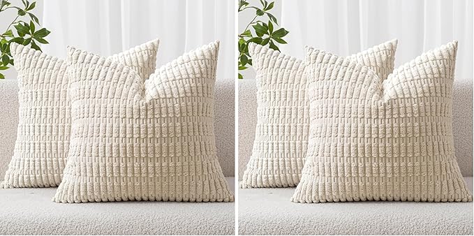 MIULEE Pack of 4 Corduroy Decorative Throw Pillow Covers 18x18 Inch Soft Boho Striped Pillow Covers Modern Farmhouse Home Decor for Sofa Living Room Couch Bed Cream White