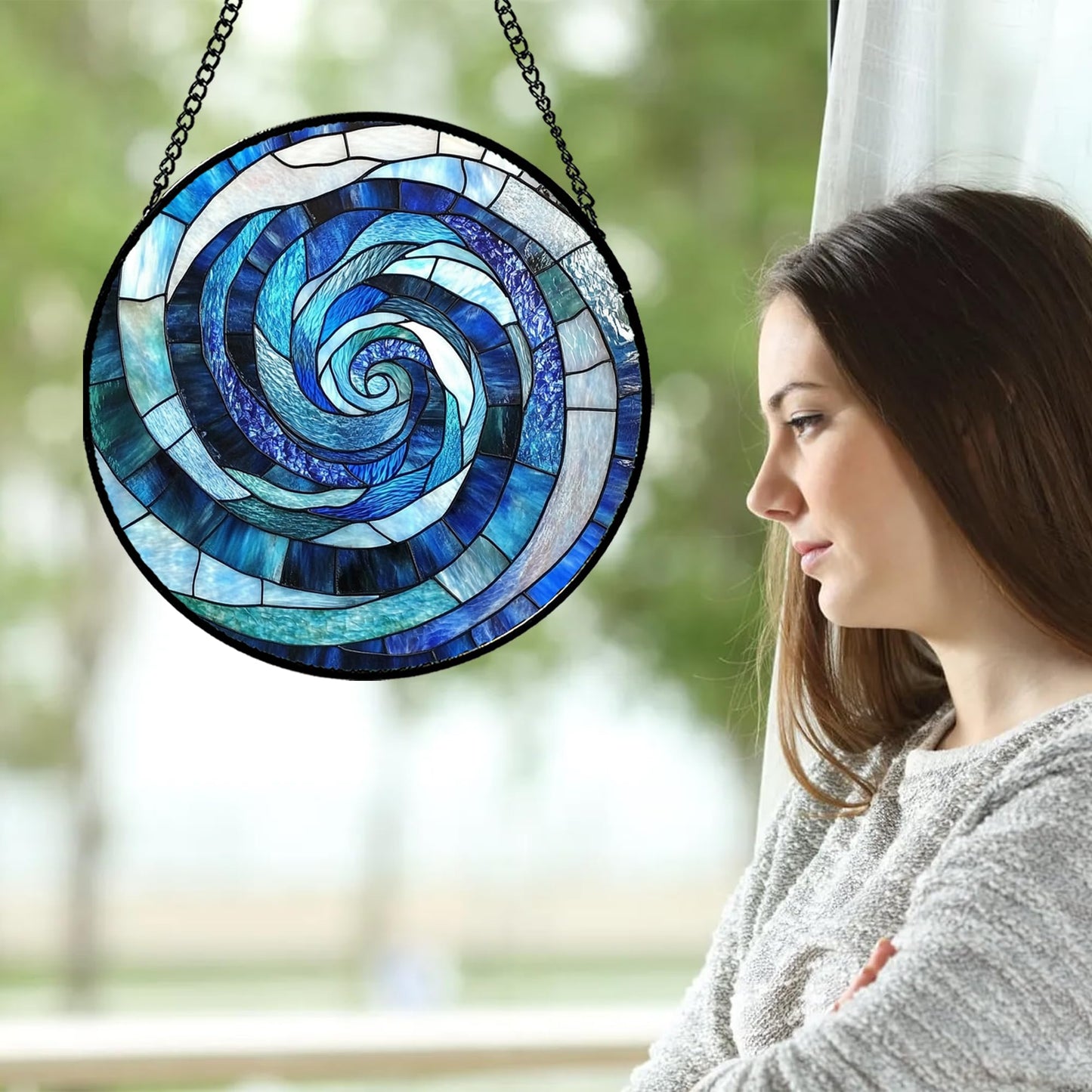 CRISGIF Stained Glass Window Hanging - Blue Abstract Swirl Suncatcher for Doors Garden Patio Unique Sun Catchers Decor Christmas Mother's Day Birthday Gifts for Women Men Mom Nana Friend 9.8 in
