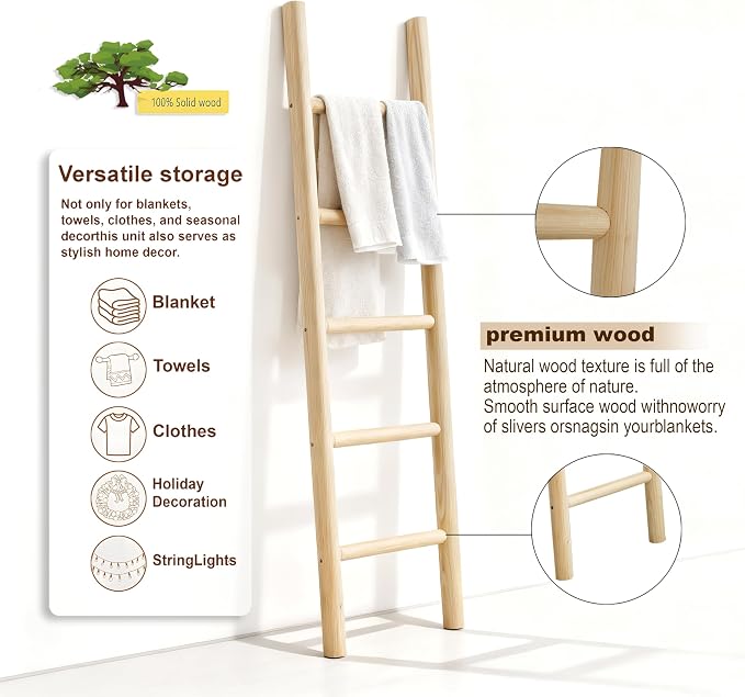 Wooden Blanket Ladder - 57in Natural Wood Color- Leaning Wall Decor for Bedroom, Bathroom, Living Room - Rustic Quilt Holder (Light Wood Color, 57in | Knock Down)