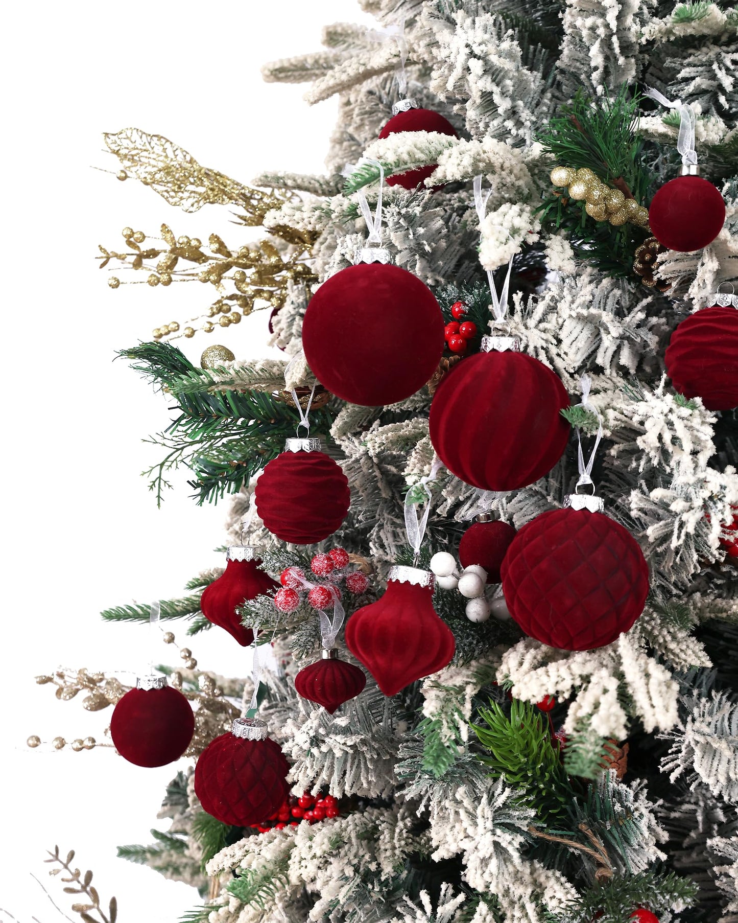 Wironlst Velvet Ornaments for Christmas Tree, 4 Style Flocked Matte Velvet Christmas Ball Ornaments, Shatterproof Decor for Xmas Tree Wedding Holiday Party Home (2.36" 25pcs Burgundy)