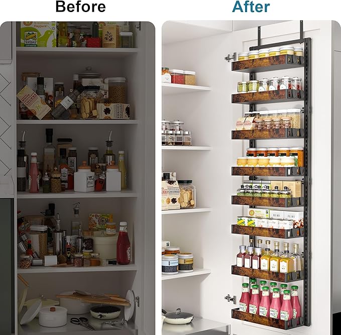 BUKFEN 8-Tier Over the Door Pantry Organizer, 2-in-1 Door Hanging or Wall Mounted Spice Rack, Heavy Duty Metal Storage Shelves with Adjustable Wooden Baskets for Kitchen Bathroom Closet