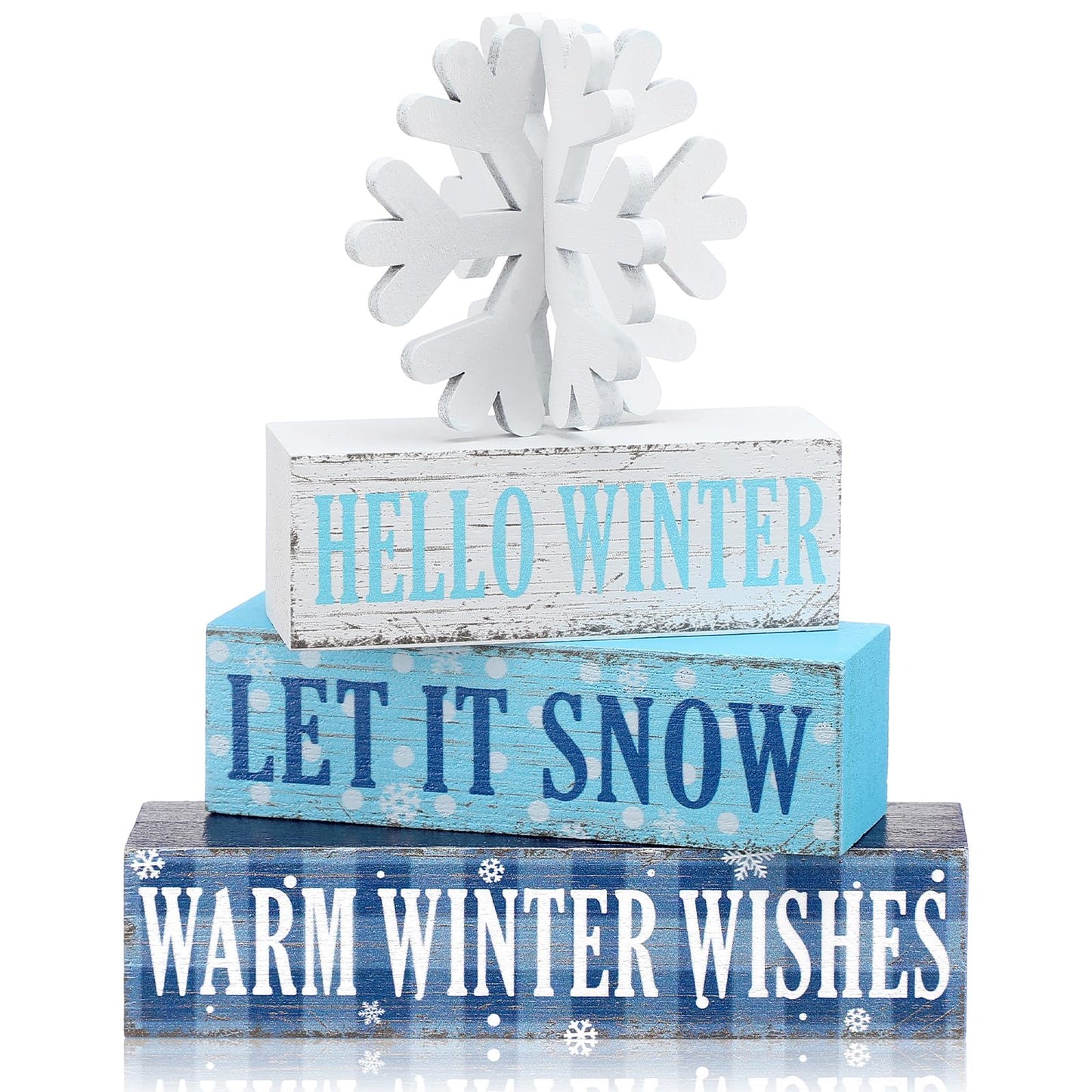 Geelin 4 Pieces Hello Winter Wooden Table Decorations Let It Snow Wooden Signs Rustic Snowflake Tiered Tray Decor Winter Wishes Tabletop Centerpieces for Home Desk Room Kitchen Shelf