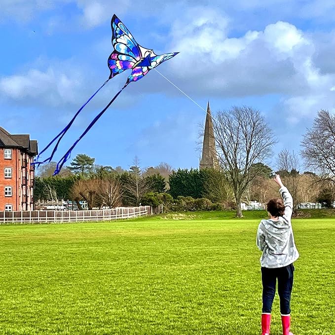 Simxkai Butterfly Kite for Kids & Adults, Easy to Fly Blue Big Kite for Beginners, Line Handle Included (1Pack 2Pack)