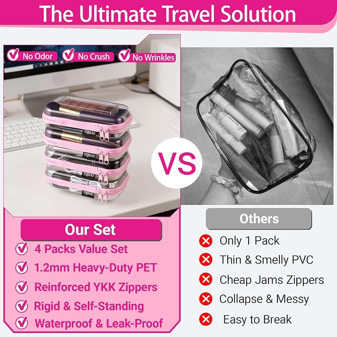 YQBRAO 4-Pack Clear Hard Shell Zipper Case, 1.2mm Ultra-Thick Diaper Bag Organizer Pouches, Rigid Self-Standing Travel Makeup Bags with YKK Zippers, TSA Approved, Pink
