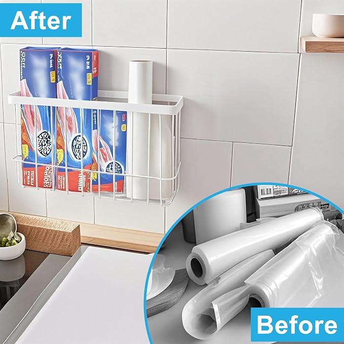 Cabinet Door Organizer 2Pcs, Foil and Plastic Wrap Organizer with 2 Sponges, Cabinet Door Storage with 2 Caddy Adhesive, for Aluminum Foil, Plastic Wrap, Wool Dryer Balls, White,(Medium, Large)