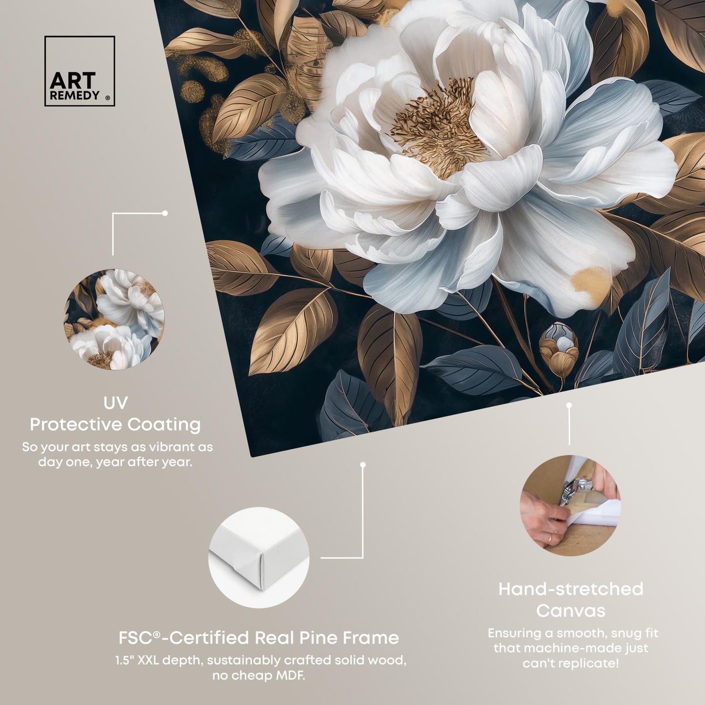 Art Remedy Golden Emblems in White I Canvas Luxury Floral Art, Gallery Wrapped, 16" x 24"