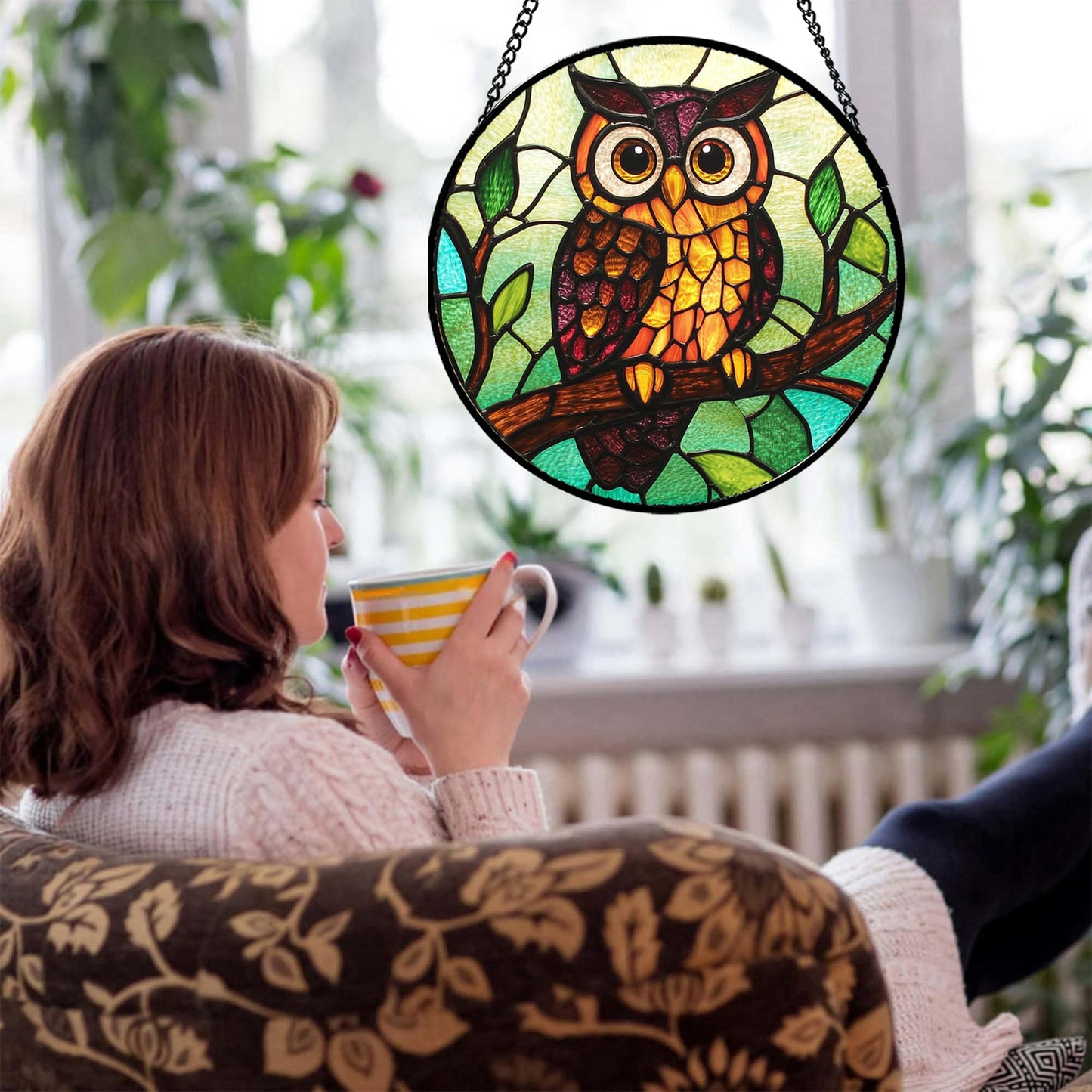HWRHTR Stained Glass Window Hanging - Owl on a Branch Suncatcher for Doors Window Home Orange Brown Sun Catchers Decor Christmas Mother's Day Birthday Gifts for Teacher Women Men Mom Nana 7.8 in