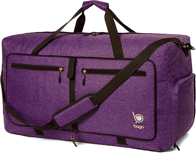 Bago Large Foldable Duffel Bags for Traveling Women & Men - 120L Packable Duffle Bag for Travel with Shoe Compartment - Water Repellant, Heavy Duty, Lightweight Folding & Collapsible (SnowDepPurple)