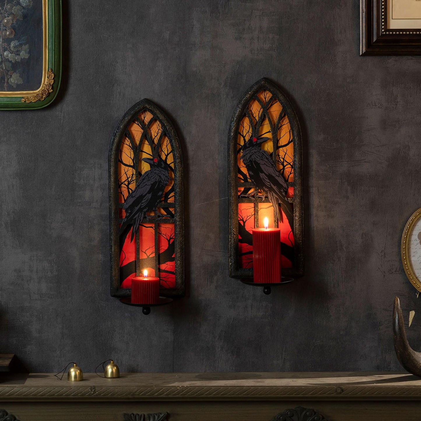 AimtoHome Gothic Wall Candle Sconces Set of 2, Wrought Iron Crow Wall Mounted Candelabra Holder with Removable Trays for Taper & Pillar Candles, Medieval Cathedral Window Design, Dark Academia Decor