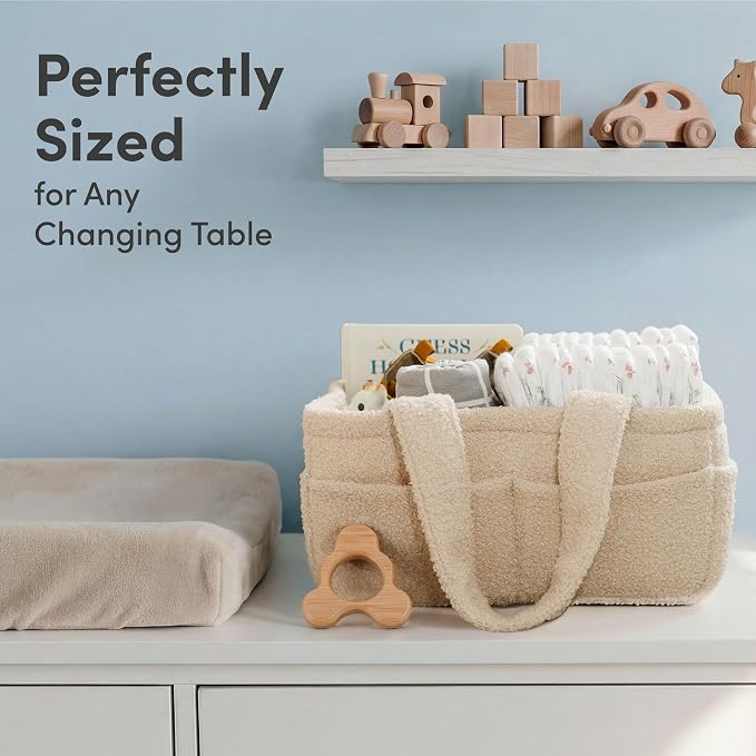 PUTSKA Baby Diaper Caddy Organizer for Changing Table – Stylish Nursery Storage Basket, Newborn Essentials, Baby Shower Gifts and Registry Must-Haves for Boy or Girl, Car Diaper Caddy, Fleece Cream