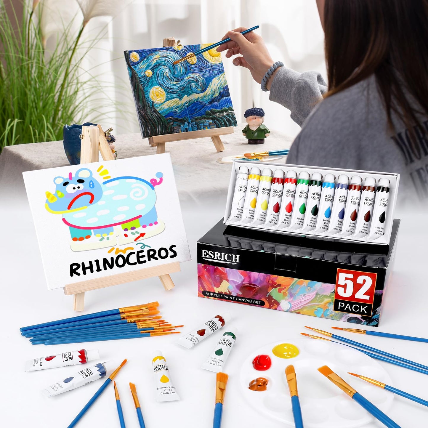 ESRICH 52PCS Acrylic Paint Canvas Set, Acrylic Painting Kit with 2 Set of 12 Colors Acrylics Paint,Paint Brushes,Canvas, Wooden Easels, Art Plates, Art Painting Supplies for Kids Adults Beginners