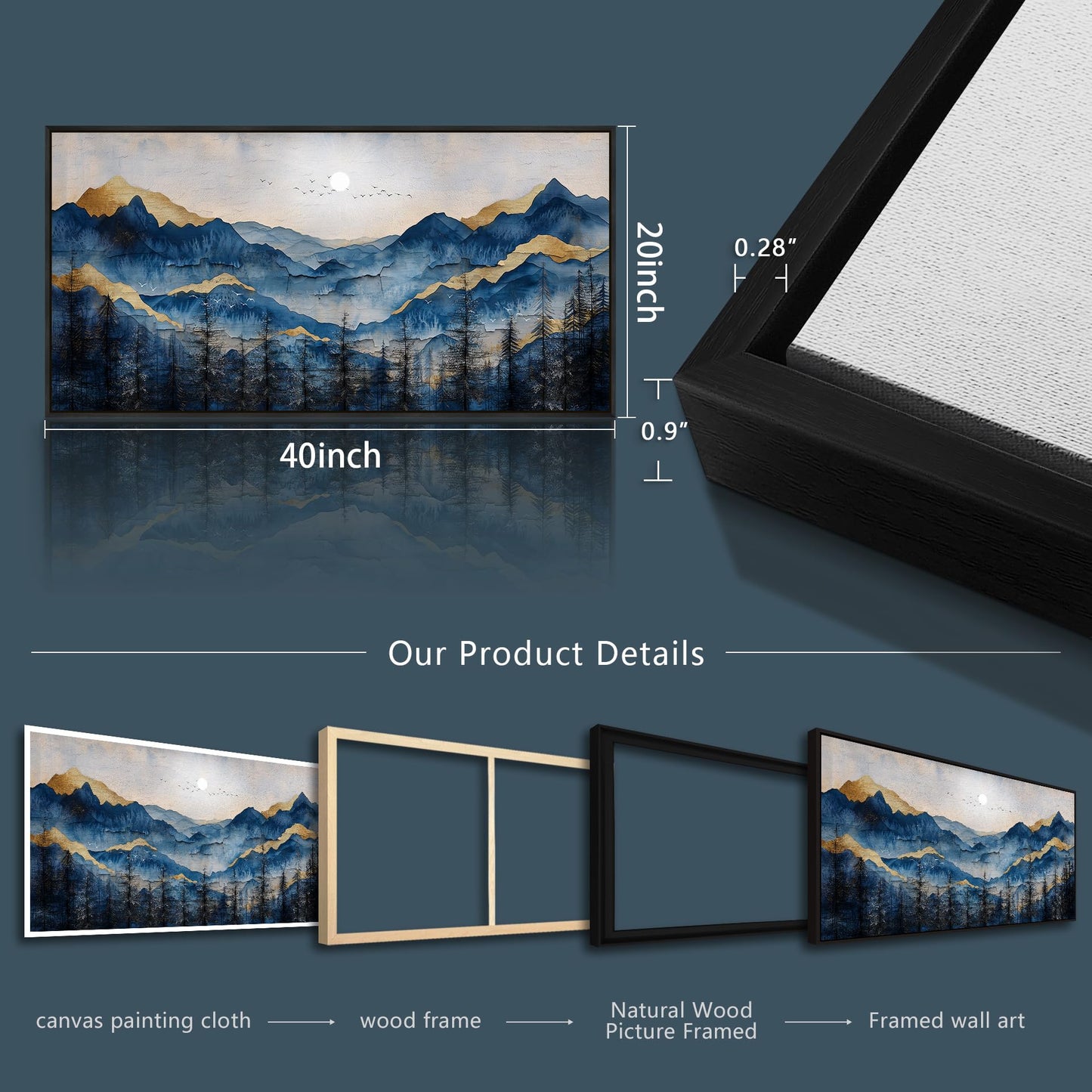 FUHAIHUA Black Framed Canvas Wall Art For Living Room Wall Decor For Bedroom Office Wall Decoration Mountain Painting Abstract Pictures Artwork Room Aesthetic Home Decor 20x40 In