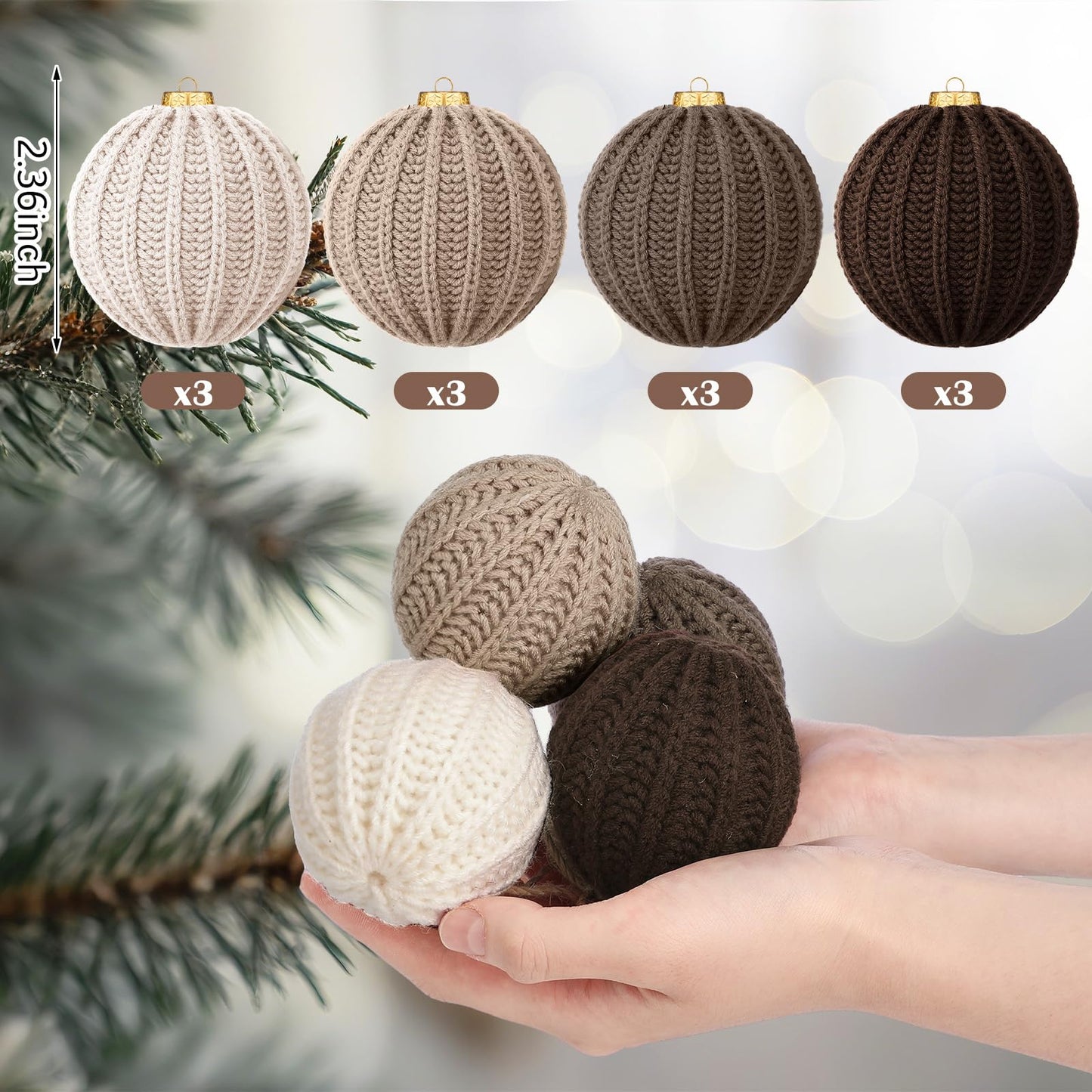 VioraWhite 12 Pcs Neutral Christmas Ornaments, 2.36 Inch Brown Crochet Christmas Balls Modern Rustic Handmade Knitted Woven Cotton Baubles for Xmas Tree Farmhouse Holiday Decor