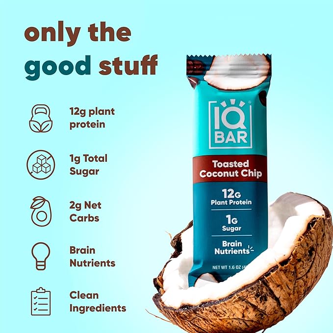 IQBAR Brain and Body Plant Protein Bars - Toasted Coconut Chip - 24-Count Low Carb - Gluten Free, High Fiber, Vegan Snacks - Low Sugar Meal Replacement