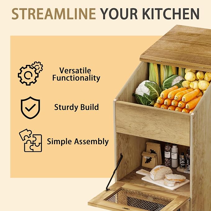Potato Storage Bin, Wooden Bread Bins with Wheel, Movable Onion Storage Bin, Decorative Vegetable Storage Box for Kitchen Pantry, Brown