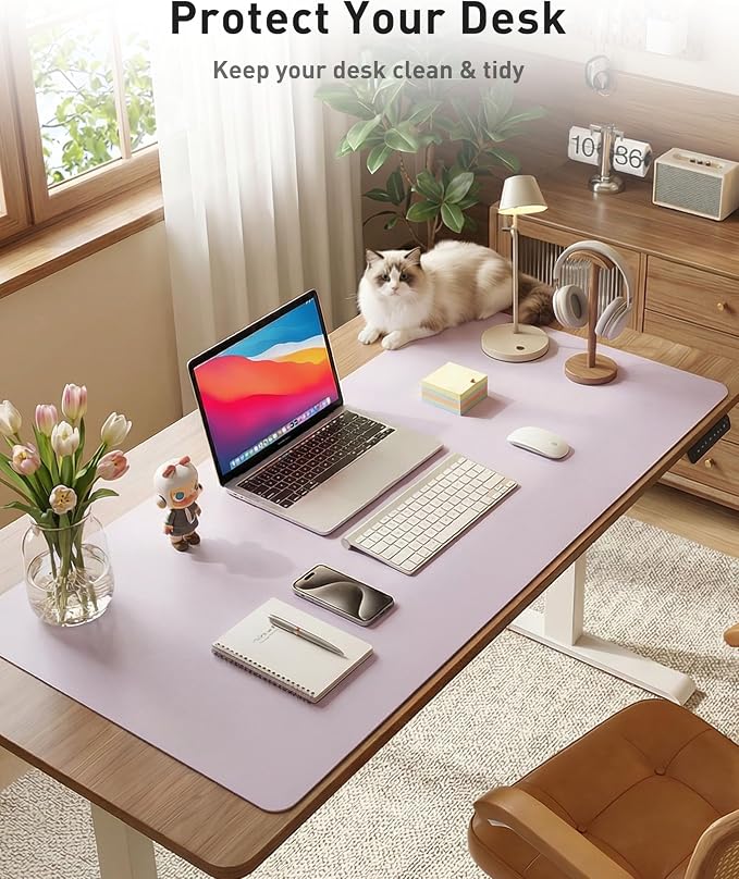 Aothia Faux Leather Desk Mat - Large Mouse Pad, Non-Slip PU Leather Blotter, Waterproof Writing Surface for Office and Home (Soft Lavender, 40" x 24")