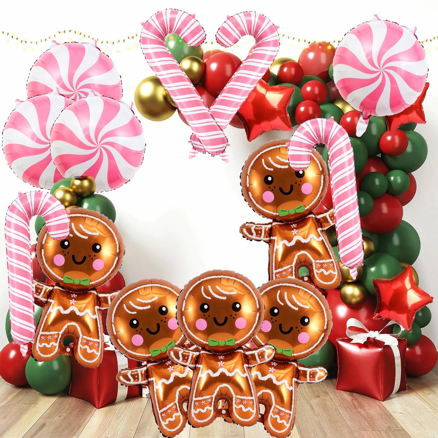 14 Pcs Christmas Balloons Decorations Gingerbread Man Balloons Pink Candy Cane Foil Balloon for Christmas Birthday Party Winter Themed Decorations