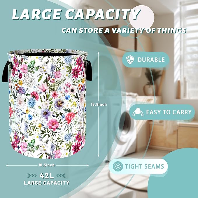 Watercolor Flower Floral Laundry Basket Foldable With Handles Tote Bag Oxford Cloth Colorful Laundry Hamper Clothes Storage Bucket Toy Organizer 18.9" x 16.5" For Bathroom/Laundry/Bedroom