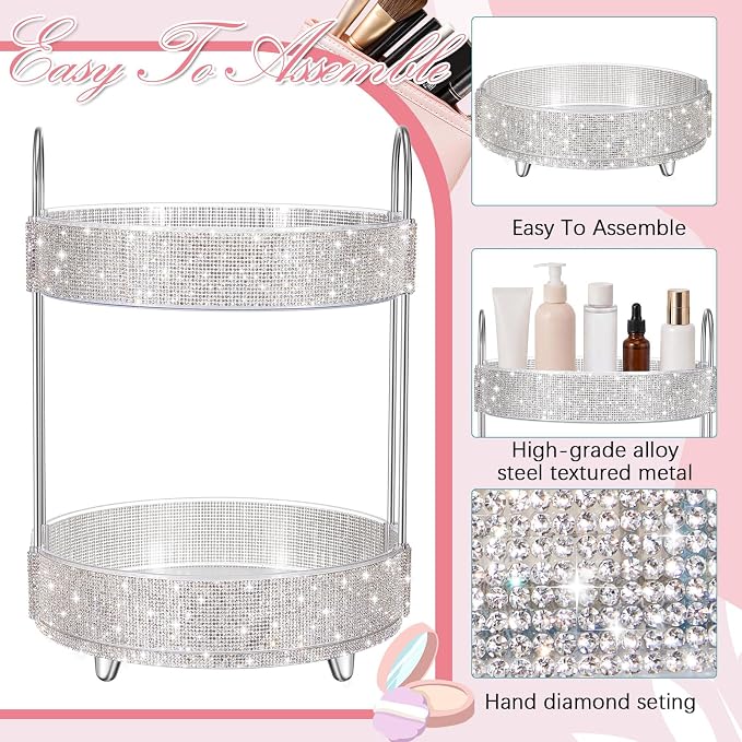 Honeydak 360 Rotating Perfume Organizer Gift for Women, Rhinestone Preppy Skincare Organizer Bathroom Counter Makeup Holder Skincare and Perfume Storage for Cosmetic(2 Tiers,Rhinestone,White)
