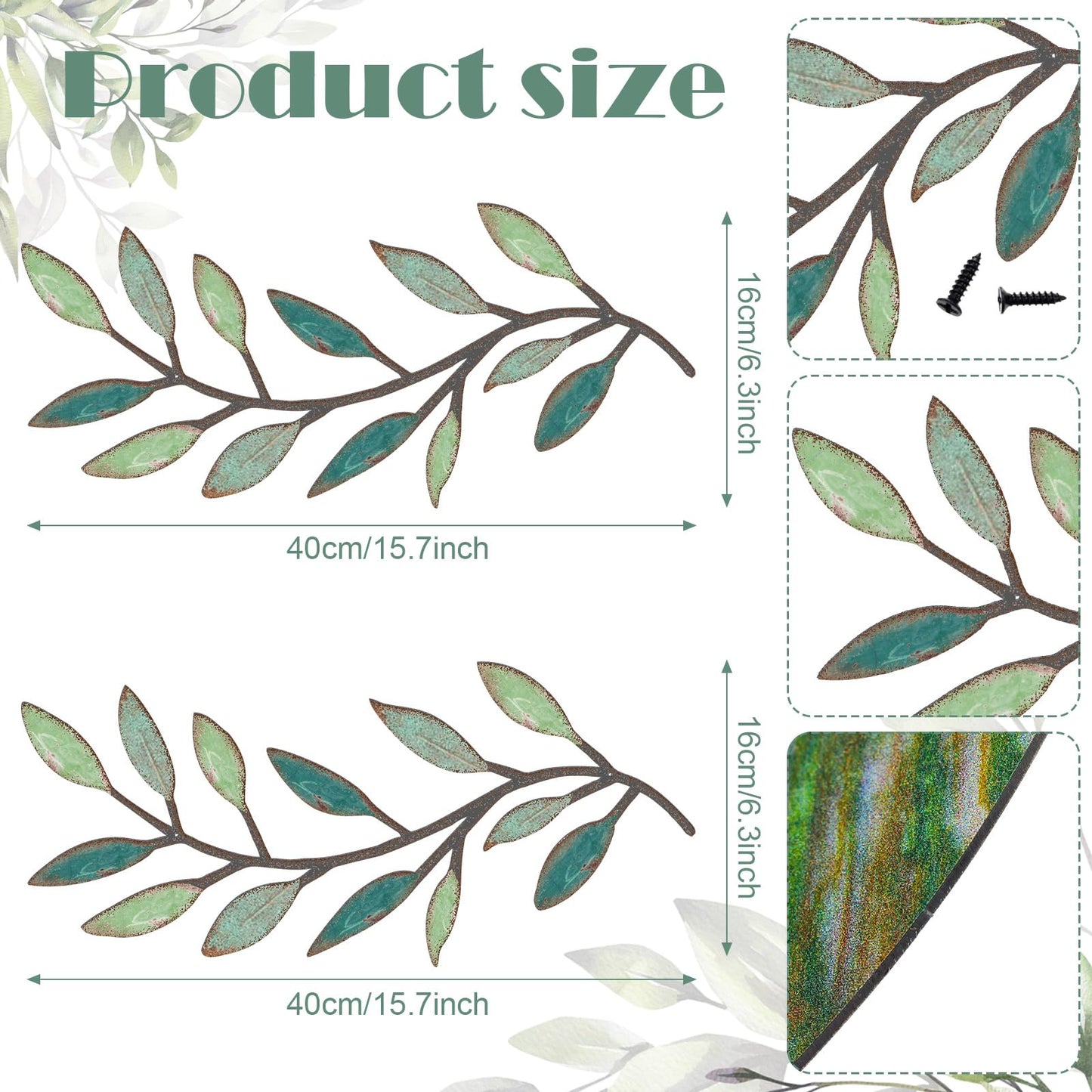 Zhengmy 2 Pieces Metal Tree Leaf Wall Decor Vine Olive Branch Leaf Wall Art Living Room, Hallway Wall Decor Outdoor Decoration(Gradient Green)