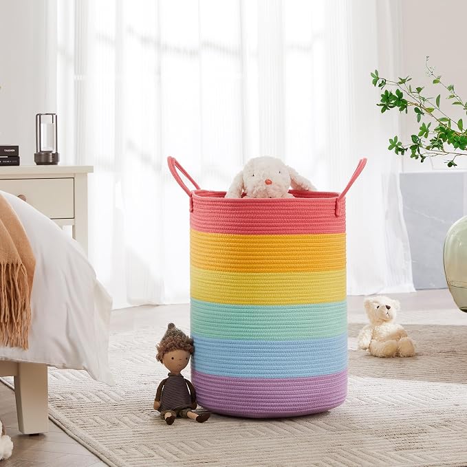 Rainbow 15"Dx20"H Baby Girls Kids Laundry Hamper Basket for Nursery Toddler Clothes Blanket Toy Storage Woven Rope Unicorn Hamper in Playroom Bedroom 60L Large