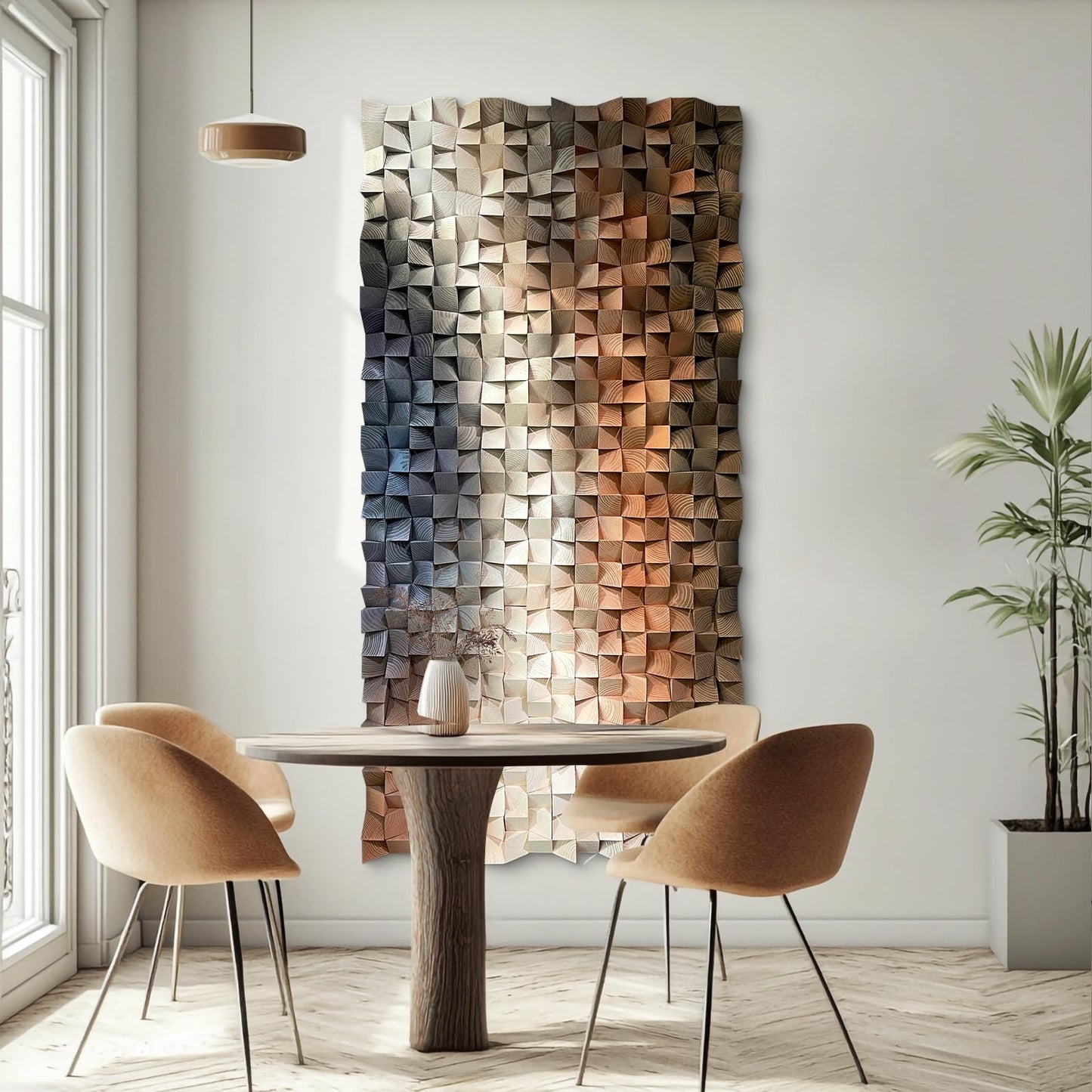 LIUZEYUE 3D Wall Art Modern Abstract, Solid Wood Mosaic Panel in Blue White Orange, Textured Feature Wall Decor for Living Room Above Sofa, 23.6x47.2 Inches
