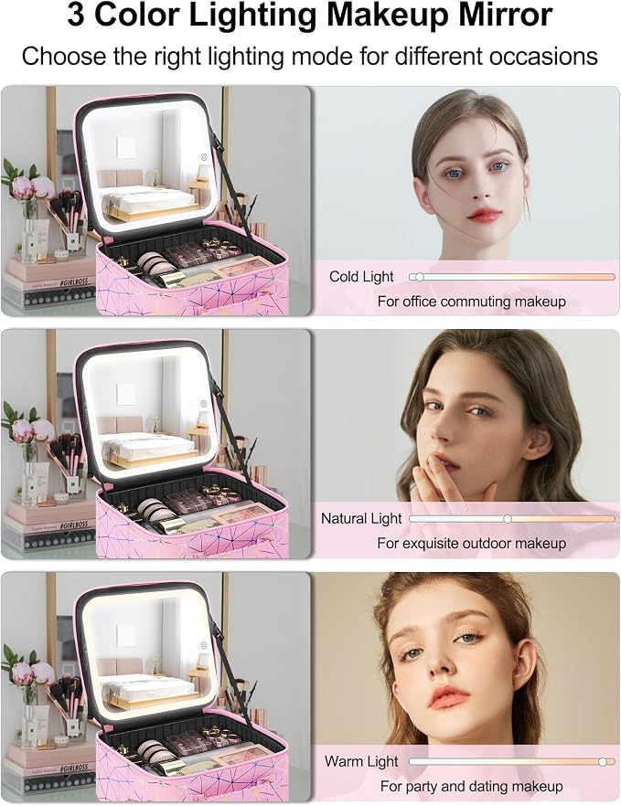 Relavel Travel Makeup Bag with LED Mirror, Portable Cosmetic Train Case with 3 Color Lighted Brightness Mirror, Makeup Artist Organizer Storage with Adjustable Dividers Make Up Box - Pink Geometric