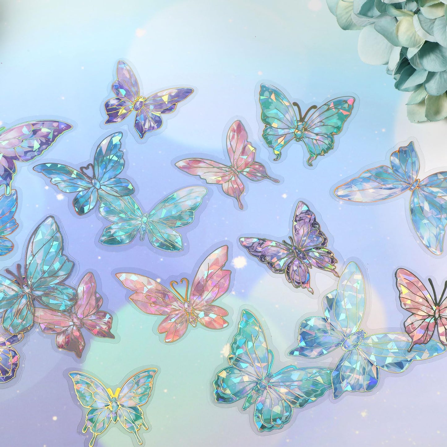 80pcs Holographic Glitter Butterfly Stickers Phone Butterfly Stickers Set, Blue Green Pink Purple Sparkly Crystals Clear Resin Waterproof Stickers Decals for Scrapbooking Journaling Water Bottles