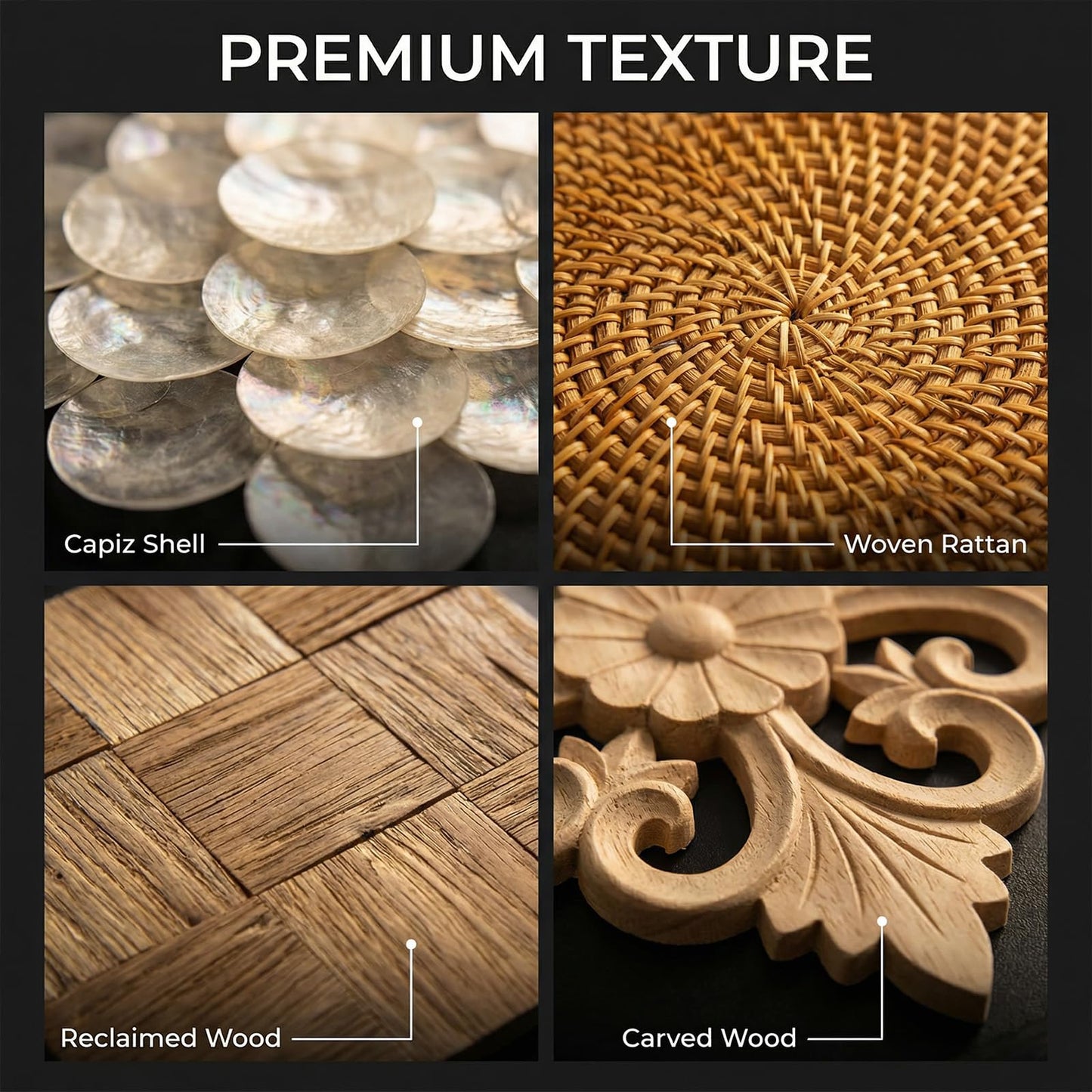 DREMECH Handmade 4-Piece Wall Art Set - Natural Shell/Rattan/Wood/Carved Decor with Black Frame | Unique Boho/Modern Home Decor for Living Room, Bedroom | One-of-a-Kind Artisan Wall Hangings