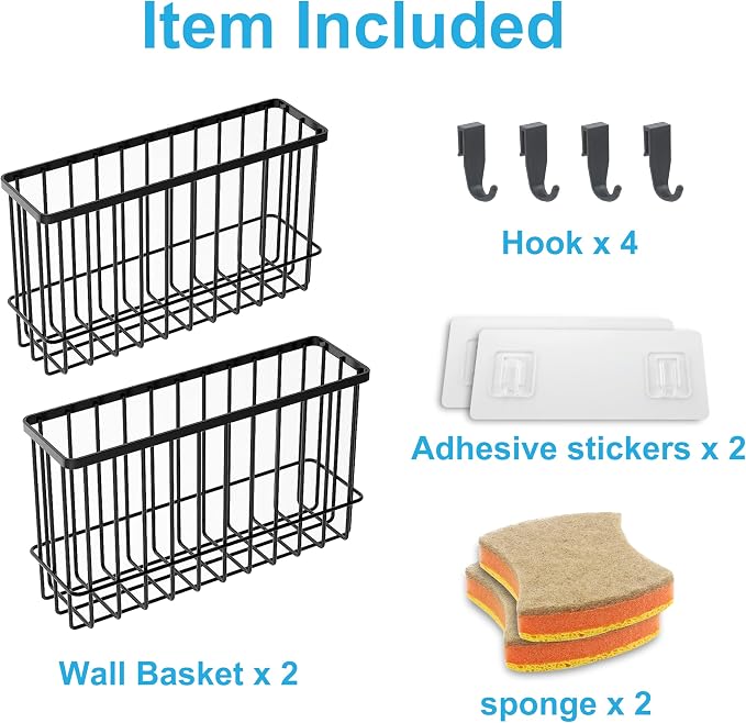 Cabinet Door Organizer Basket 2 Pack, Foil and Plastic Wrap Organizer with 2 Sponges, Lid Organizers Inside Cabinet, Metal Basket for Kitchen Organizers and Storage, Utility, Black (Medium,Large)
