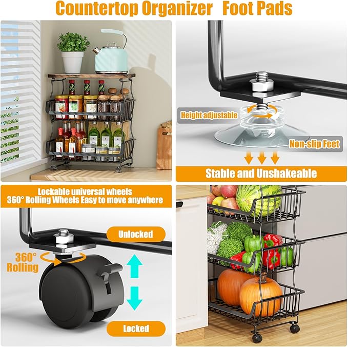 Gsiekare Fruit Vegetable Basket for Kitchen, 5 Tier Stackable Fruit Vegetable Storage Baskets with Wheels, Metal Wire Storage Basket Organizer Baskets for Kitchen, Pantry, Bathroom