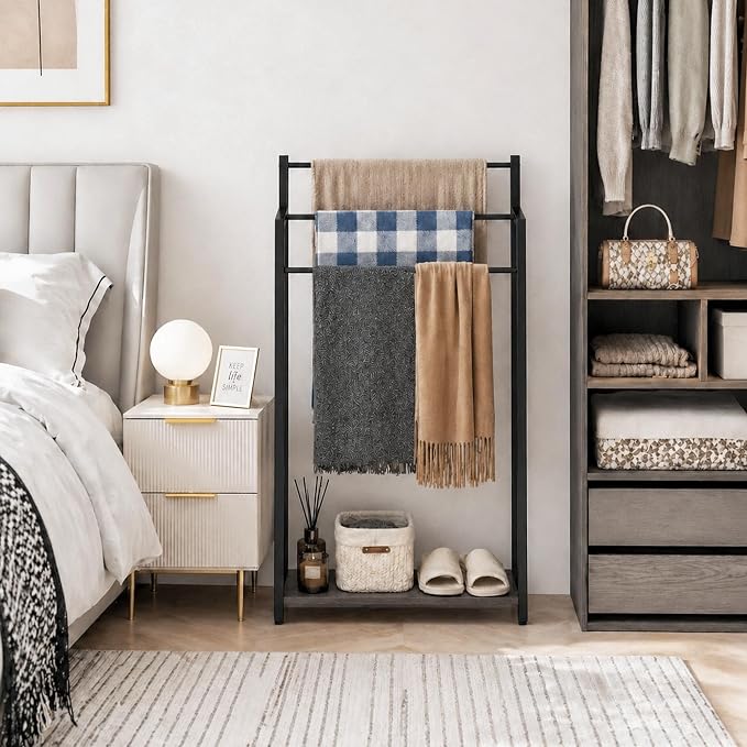 Freestanding Towel Rack, 3 Tier Blanket Ladder Stand with Oak Grey Wooden Shelf for Bathroom Living Room (31.5" H x 16.9" W x7.9 D)