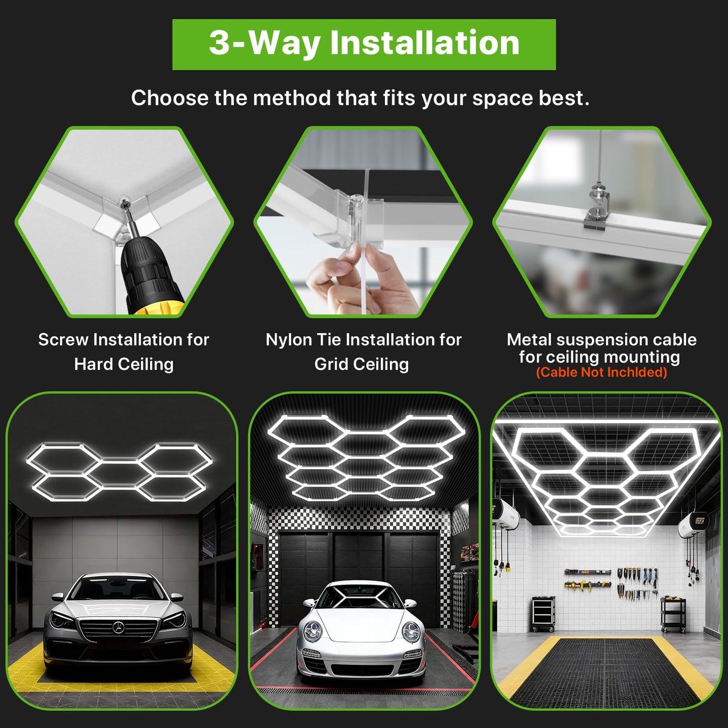 Glitgate Hexagon LED Garage Light, 245W 26950LM 8-Grid Honeycomb Hex Lighting System, 6500K Ultra Bright Ceiling Light for Garage, Car Detailing Shop, Workshop, Basement, Gym