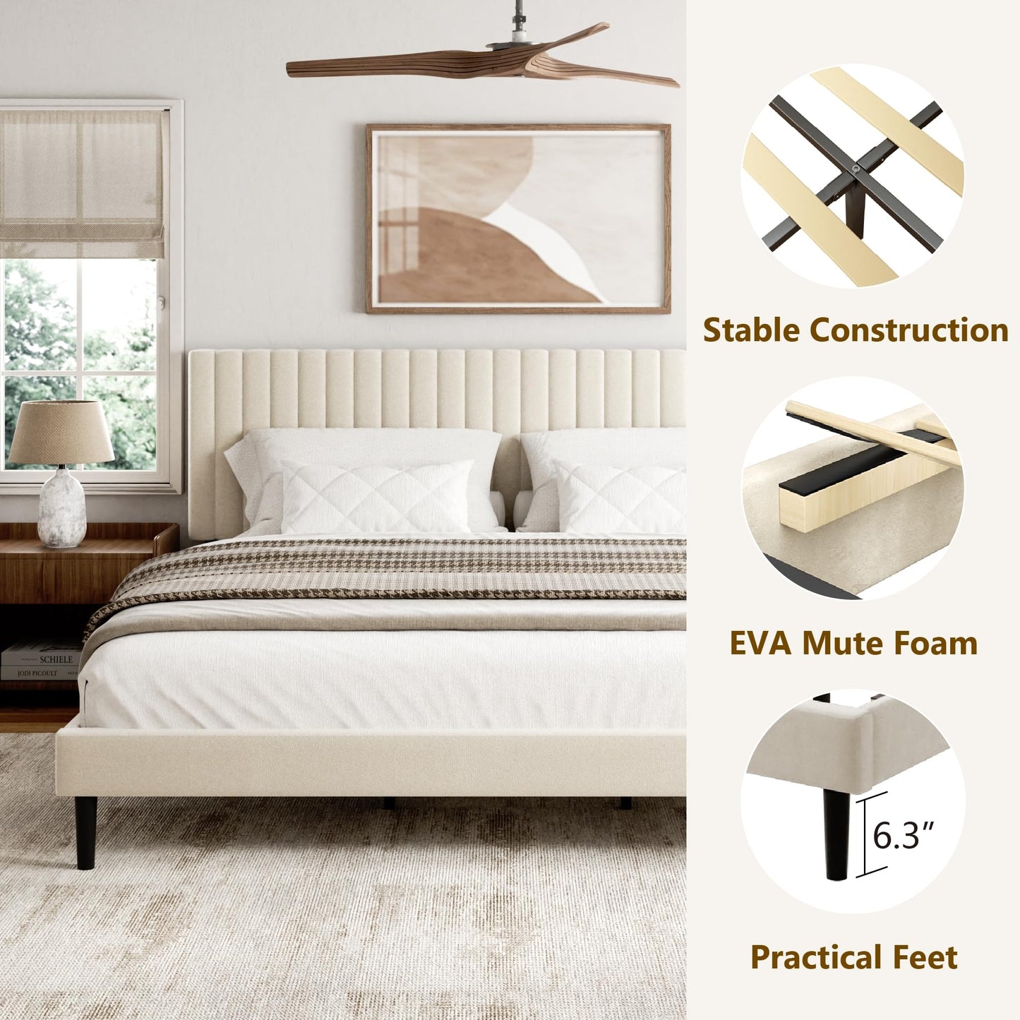 Sismplly King Size Bed Frame with Velvet Upholstered Headboard, Platform Bed with Strong Wood Slats, Mattress Foundation, Box Spring Optional, Easy Assembly, Beige