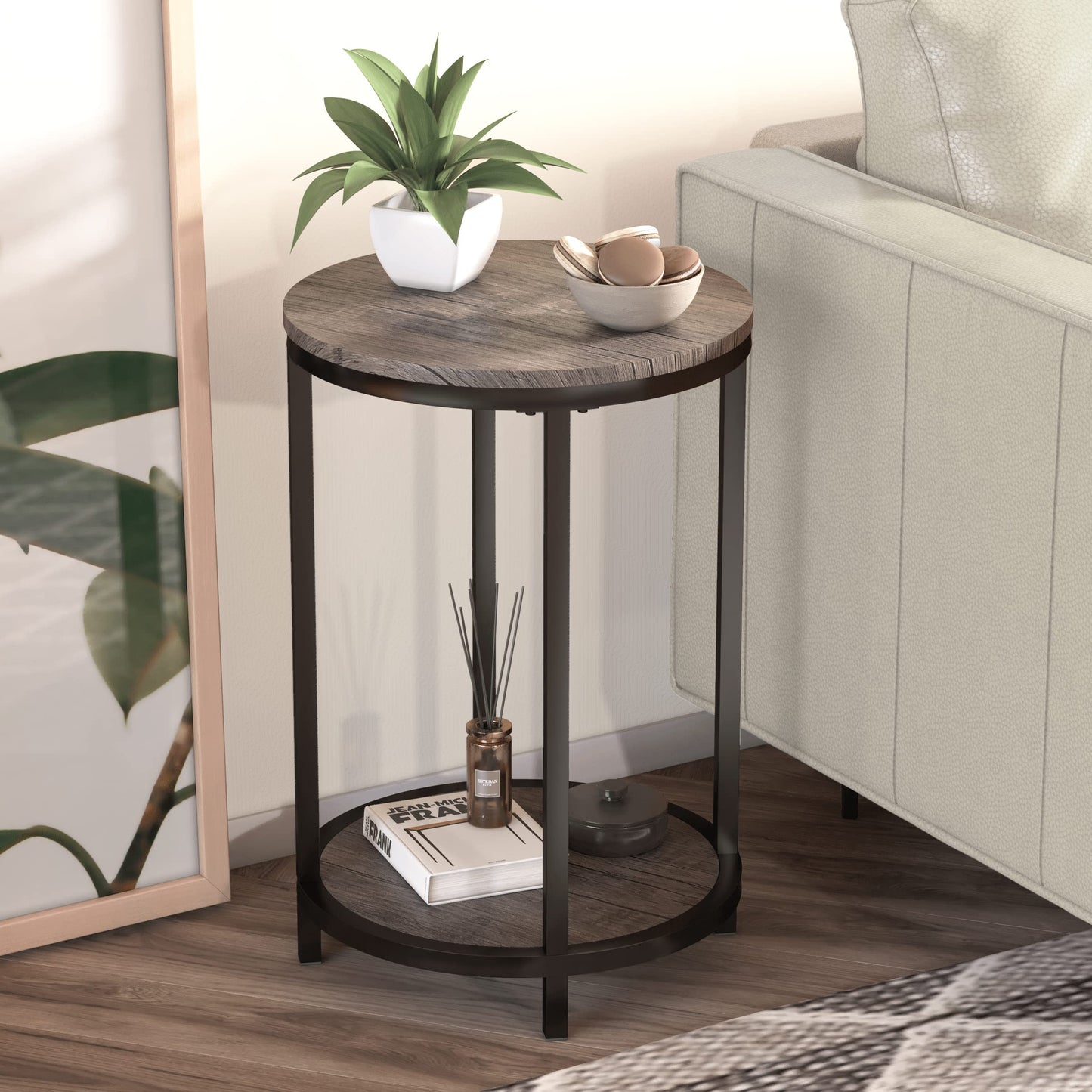 NSdirect Round Side Table,16in Rustic Wooden End Table Surface Top & Sturdy Metal Legs Nightstand for Living Room Bedroom Farmhouse Sofa Table with Storage Open Shelf,Light Walnut