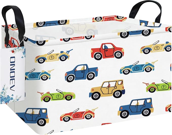 Rectangular Cartoon Car Pattern Storage Bin, Decorative Canvas Laundry Basket with Dual Handles, Foldable Household Toy Organizer, Multipurpose Party Gift Basket for Bedroom Dorm (Car)