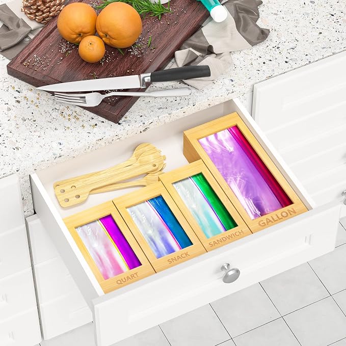 4-Size Bamboo Drawer Organizer for Food Storage Bags | Stackable Kitchen Organizer (Gallon/Quart/Sandwich/Snack) - Handcrafted with Natural Material