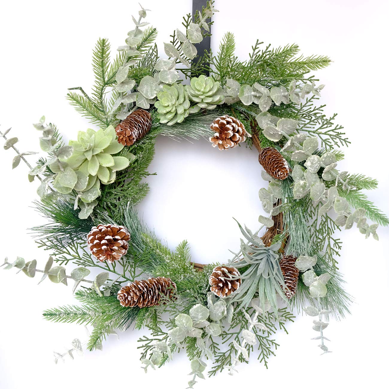 Idyllic 22 Inch Greenery Winter Wreath with Snowy Pine Cones and Succulent Plants - Large Christmas Wreath for Front Door, Rustic Farmhouse Pine Wreath for Indoor Outdoor Decor