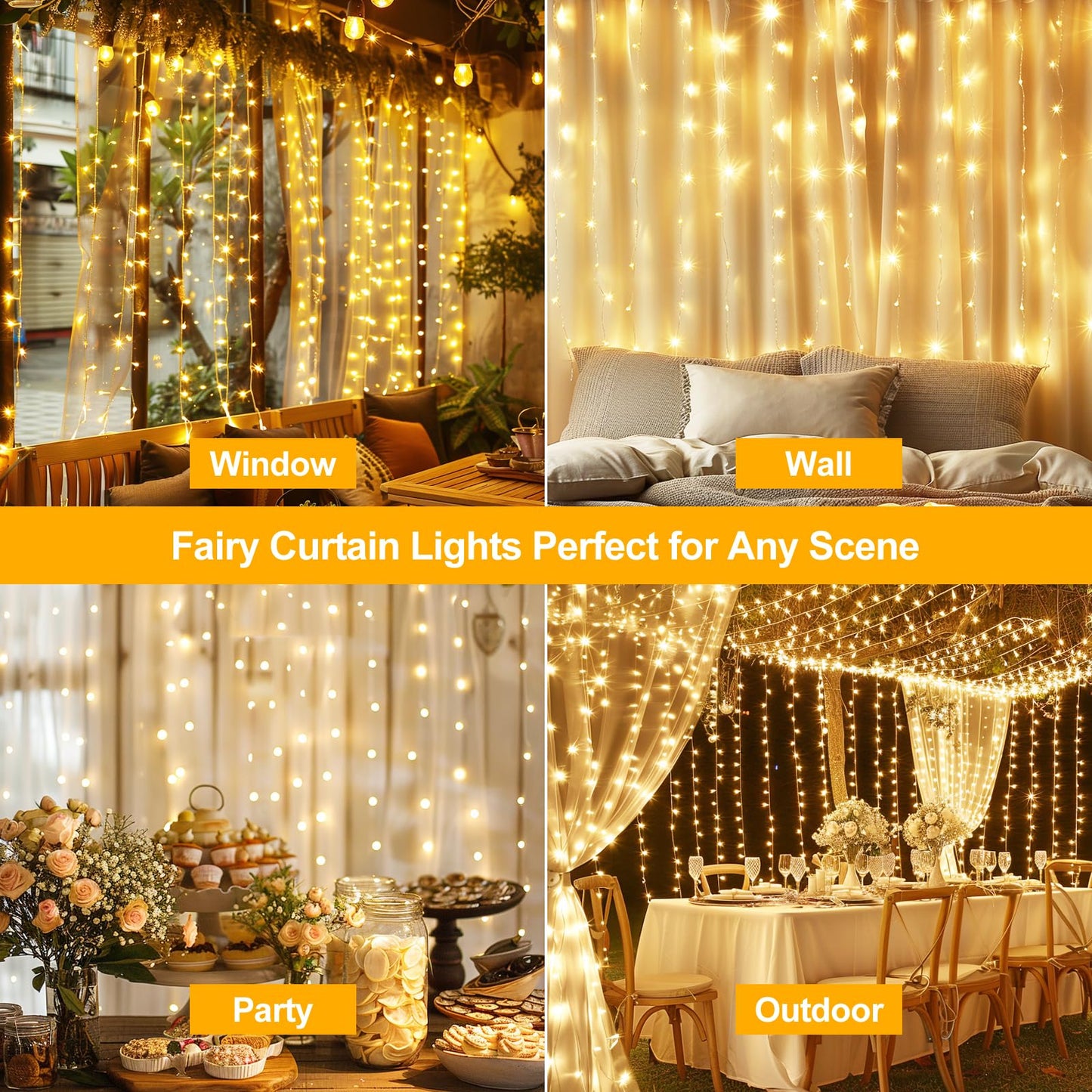 HOLITS 200 LED Fairy Curtain Lights, 6.6 x 6.6 FT Warm White USB Plug in 8 Modes Hanging Lights with Remote for Christmas, Bedroom, Indoor, Outdoor, Weddings, Party (Warm White)