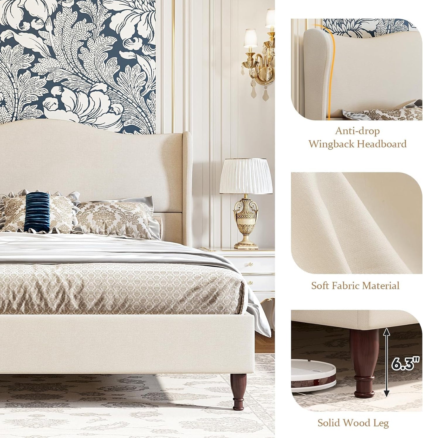 koorlian Queen Size Bed Frame Upholstered Platform Bed with 51" Tall Headboard Wingback, Soft Fabric, Retro Simple Style Platform Bed No Box Spring Needed, Easy Assembly, Beige