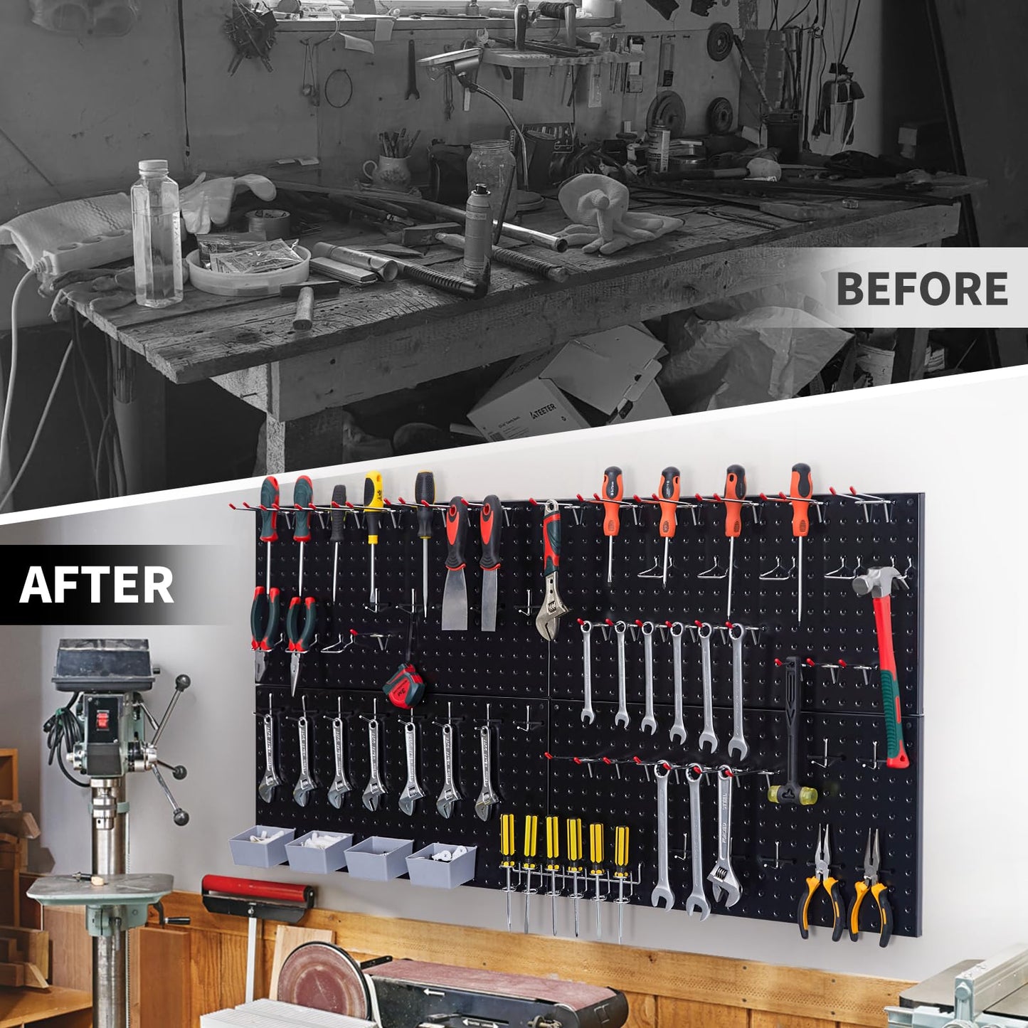 Pegboard Smith 48x24 inch Black Metal Pegboard Kit for Wall Organization with Hooks, Garage Storage Bins, and Utility Tool Board, Efficient Tool Organizer Peg Board