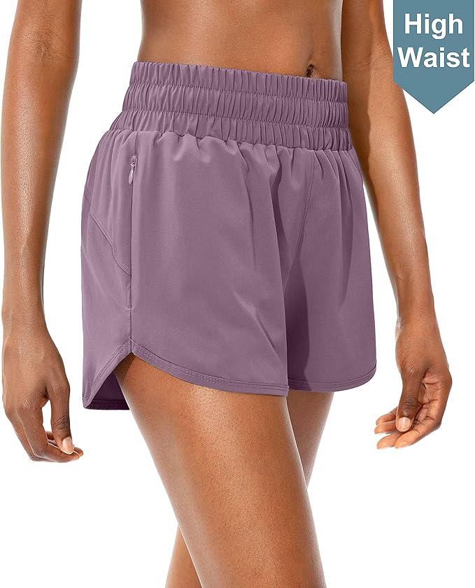 SANTINY Women's Running Shorts with Zip Pockets High Waisted Athletic Workout Gym Shorts for Women with Liner
