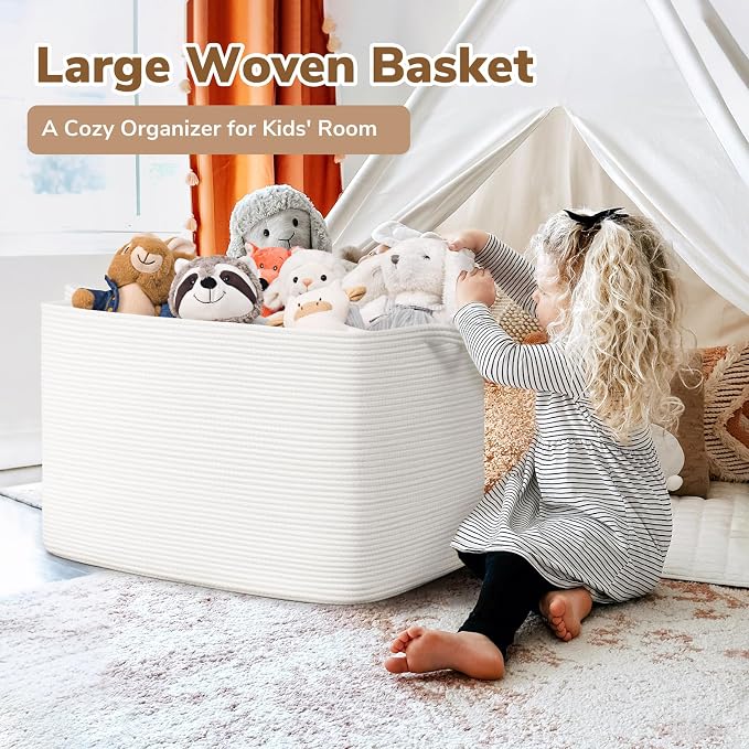 Goodpick 105L Extra Large Blanket Basket 25" x 16" x 16" Cotton Rope Storage Bins for Dirty Clothes, Rectangle Woven Baskets for Living Room Home Decor, Toy Baskets Storage Kids, White