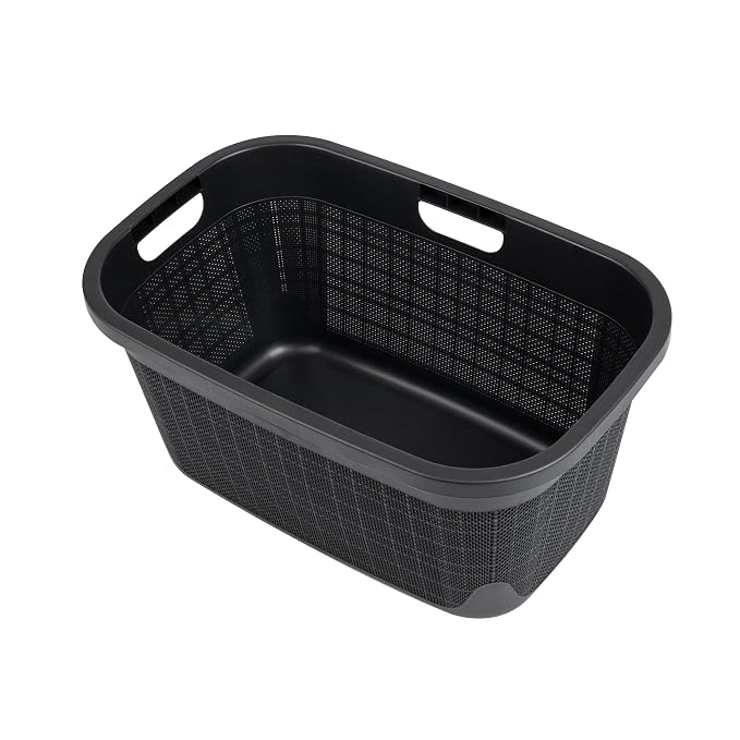 Mind Reader 40L Laundry Basket, Linen Design Clothes Hamper, Plastic Storage Bin with Handles, Black