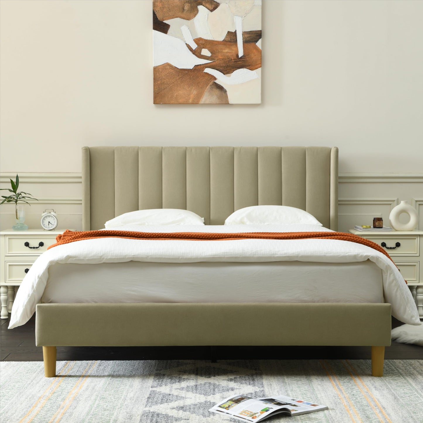 YUHUASHI upholstered Platform Bed Frame/Queen Bed Frame/Modern Geometric Double-Wing Design headboard/Linen Fabric/Easy to Assemble no Noise (Beige, Queen (U.S. Standard))