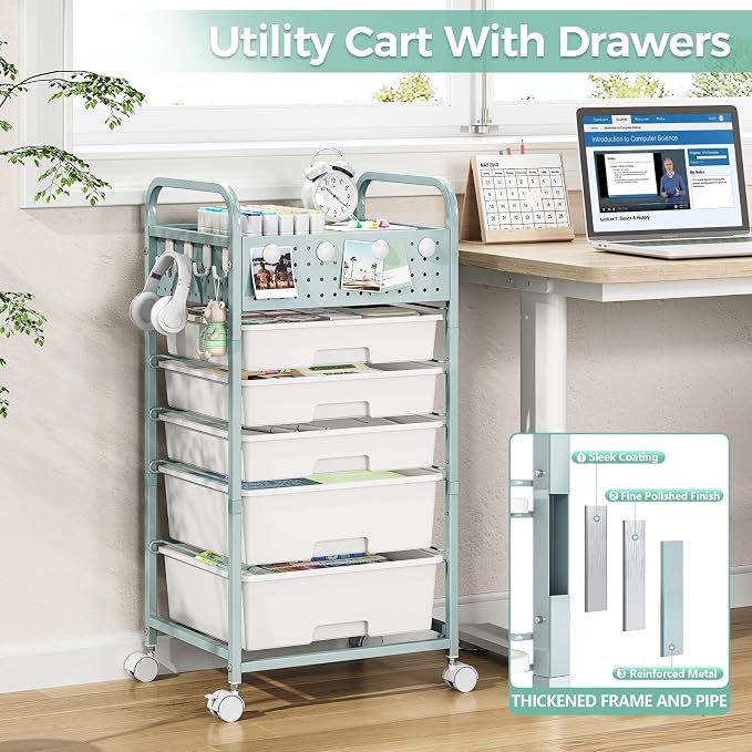 4 Drawer Rolling Storage Cart with Pegboard Top and Hooks, Mobile Organizer Cart with Wheels for Office Supplies, Craft Storage, Classroom Organization, Home Utility Cart, Green