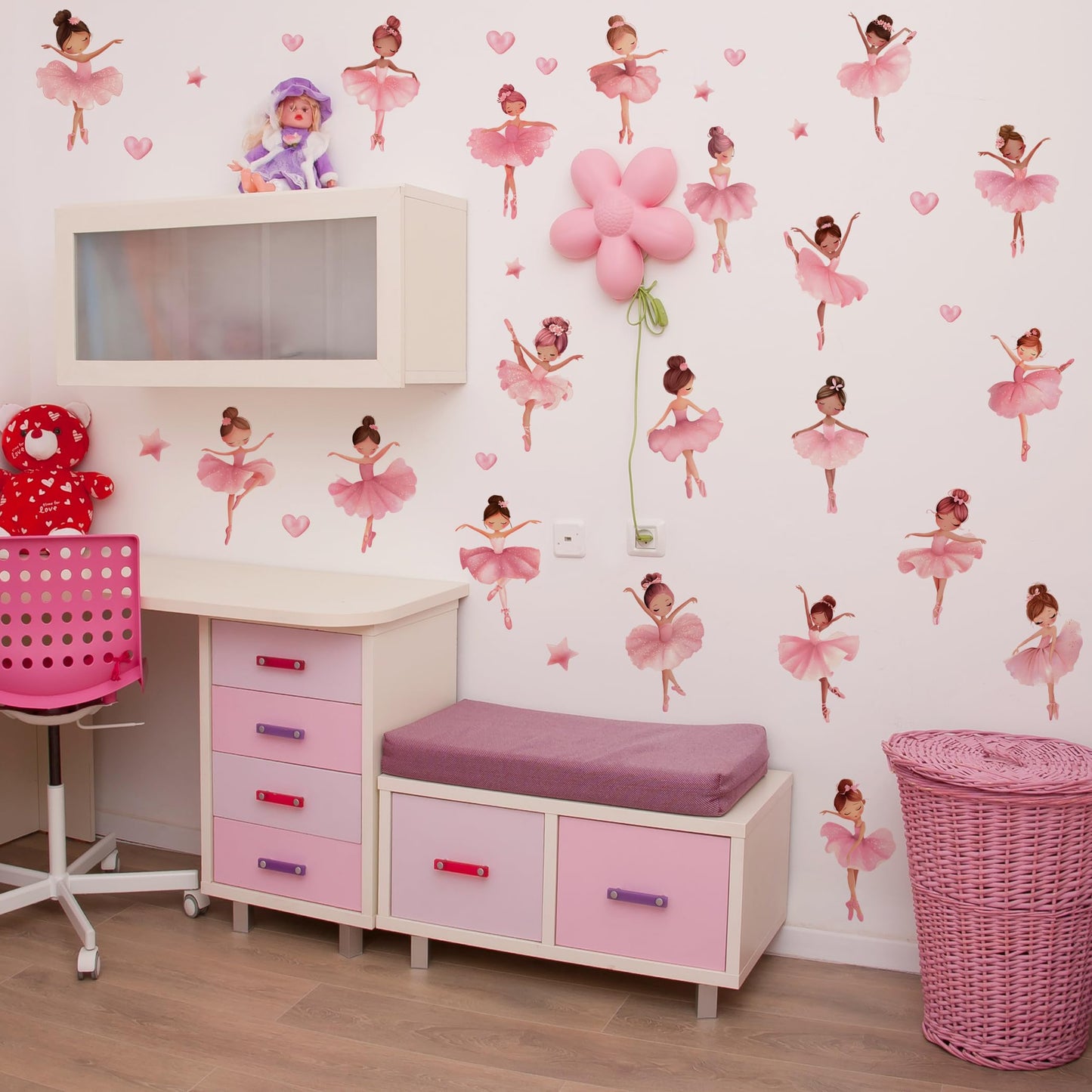 Ballerina Girls Wall Decals, Cute Dancing Girl Art Wall Sticker, Peel and Stick Pink Fairy Decor for Kids Gift Girls Bedroom Baby Nursery Kids Bedroom (Ballerina Girl Wall Sticker)