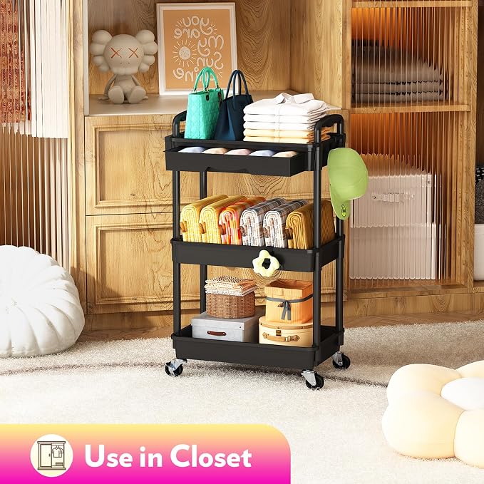 SUNALLY Makeup Cart Organizer with Drawers, Floor Skincare Organizers Vanity Storage Organizer, Rolling Makeup Bathroom Storage Cart Cosmetics Display Cases for Skin Care Perfume Nail Polish, Black