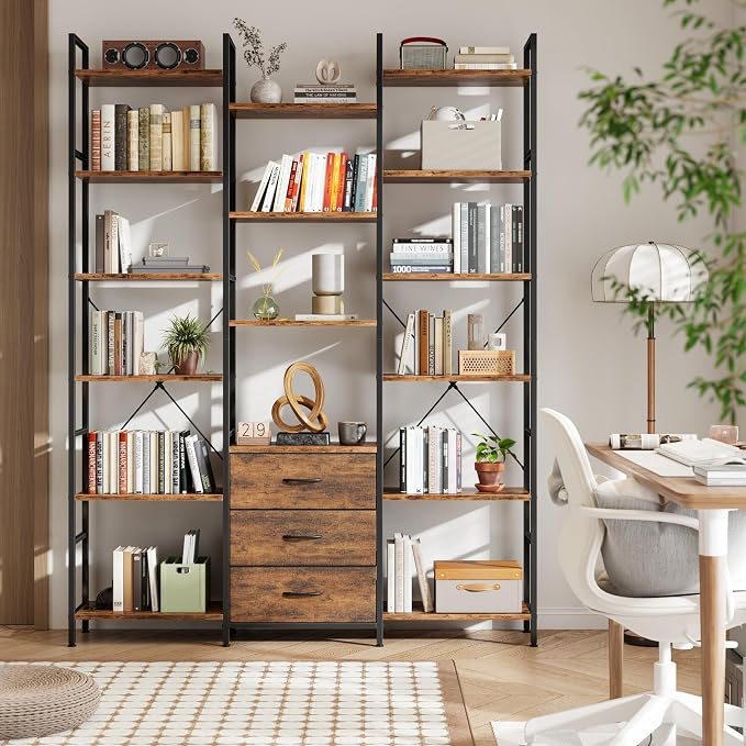 AFLUI Triple Bookshelf with 3 Fabric Drawers, 6-Tier Book Shelf and 10 Display Shelves, Industrial Large Bookcase for Home & Office, Rustic Brown, 47'' Wide